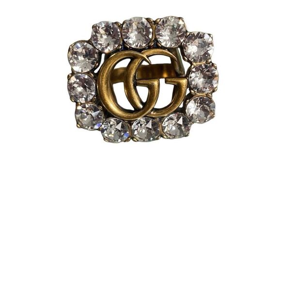 Gucci Double G Crystal Stone Aged Gold Metal Band 12 Stones Ring Size M/7 - Picture 2 of 14